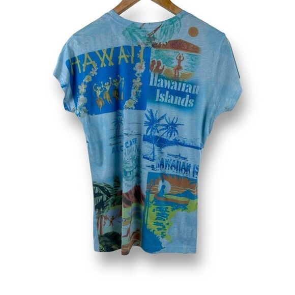 Vintage Cubism XL Hawaiian Islands Pop Art Graphic Tee Blue Retro All Over Print - Picture 2 of 8
